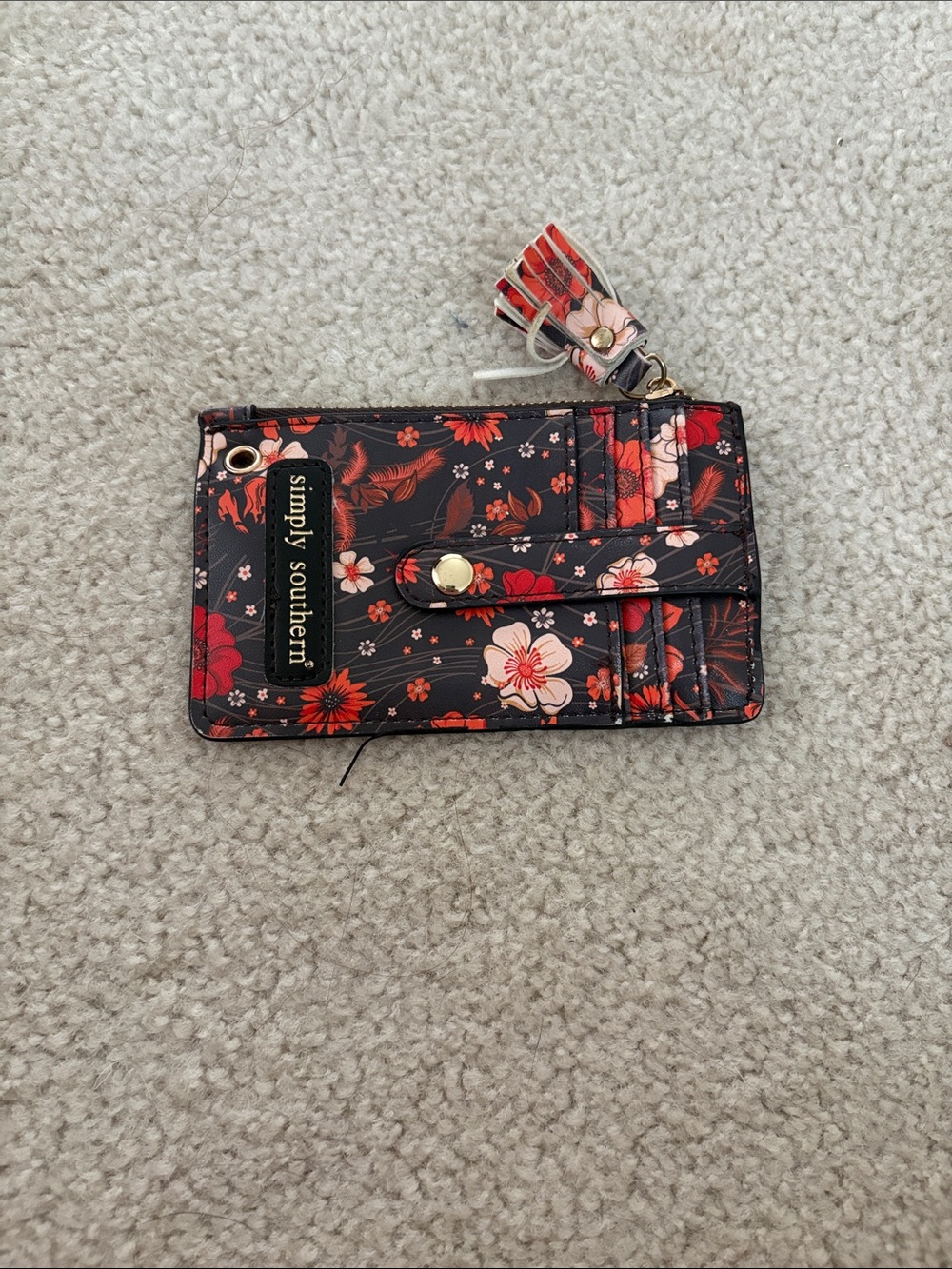 Simply Southern Black Floral Cardholder Wallet with Red and Pink Accents